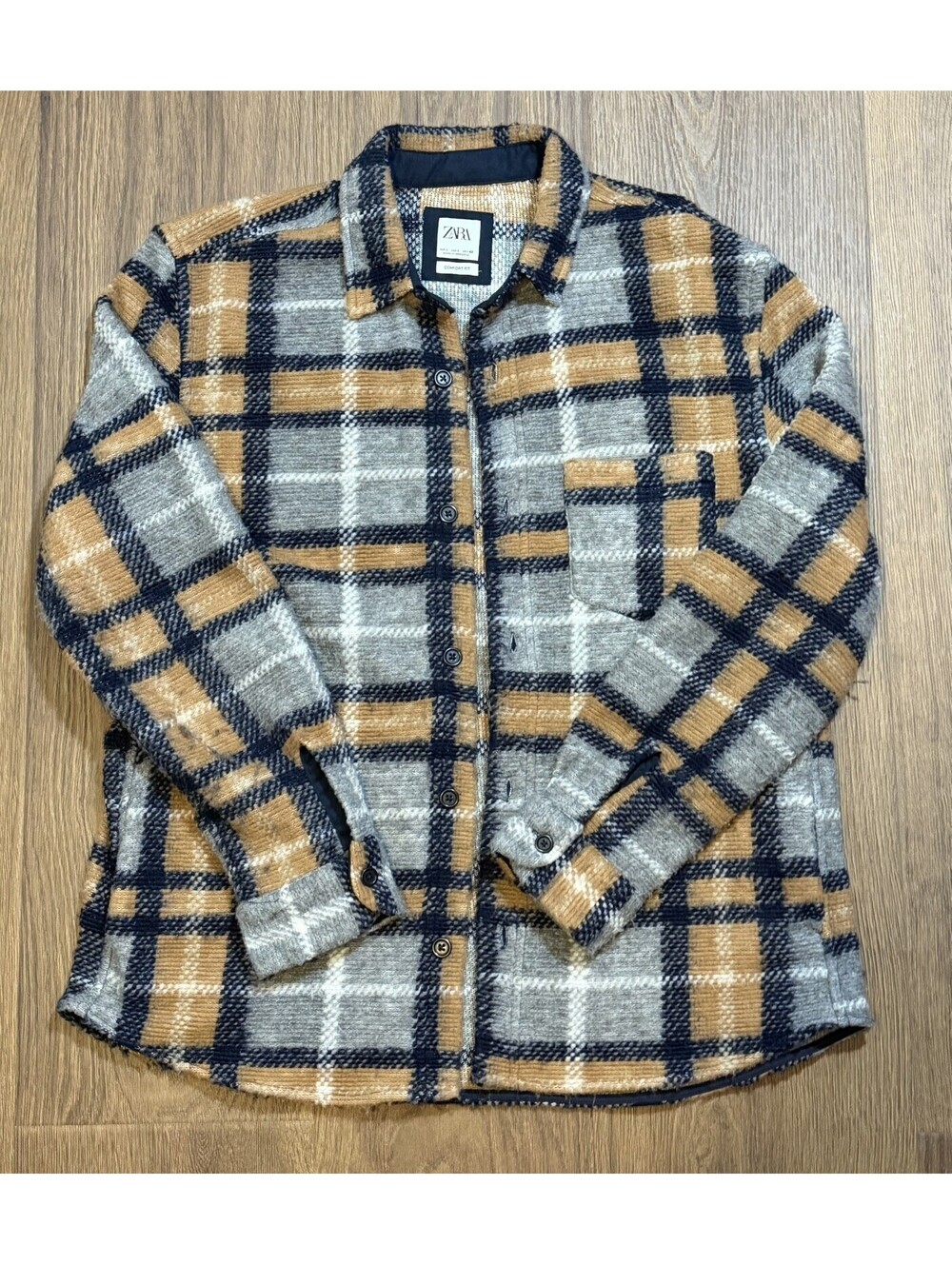 Zara Mens Large Plaid Overshirt Shacket Comfort Fit Tan Gray Black #15B